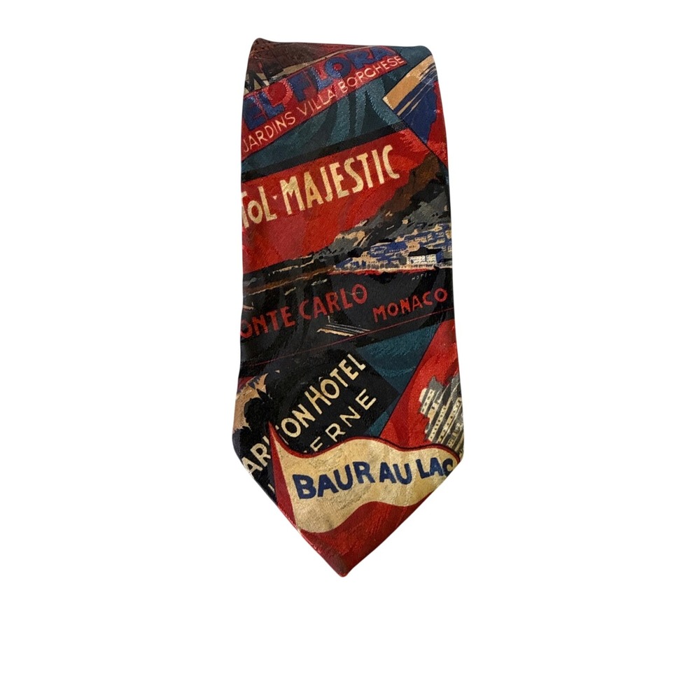 Camden Court Mens Vintage Travel Hotel Labels Print Necktie Red Blue Monte Carlo